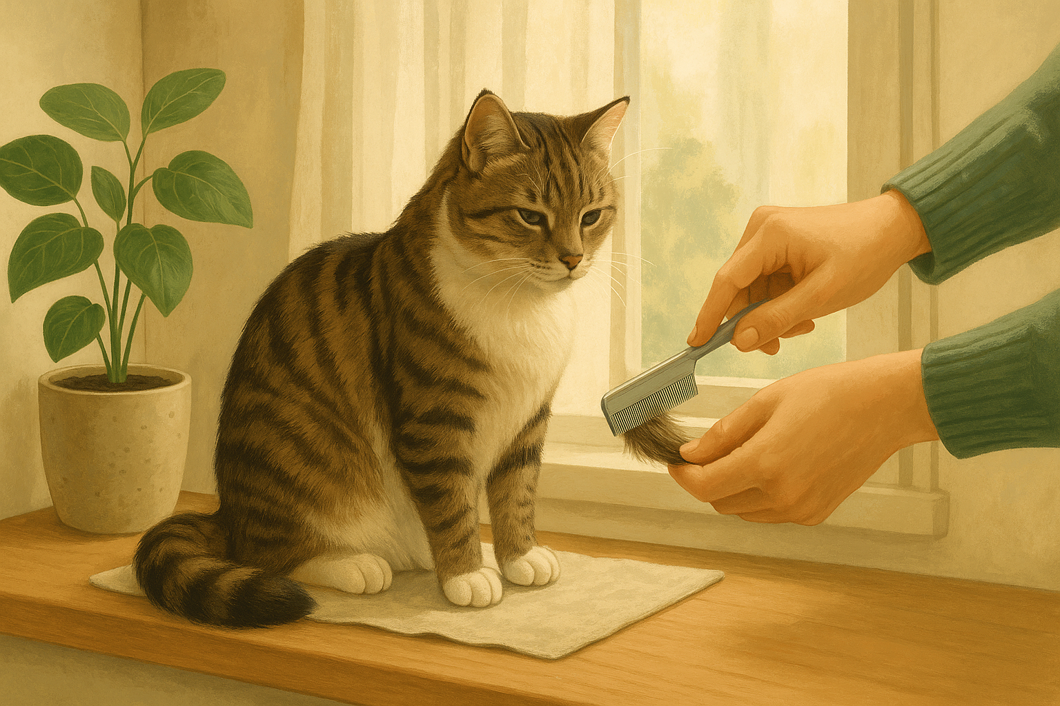Illustration of a grey tabby cat sitting on a sunny windowsill while a person combs through its fur with a flea comb.