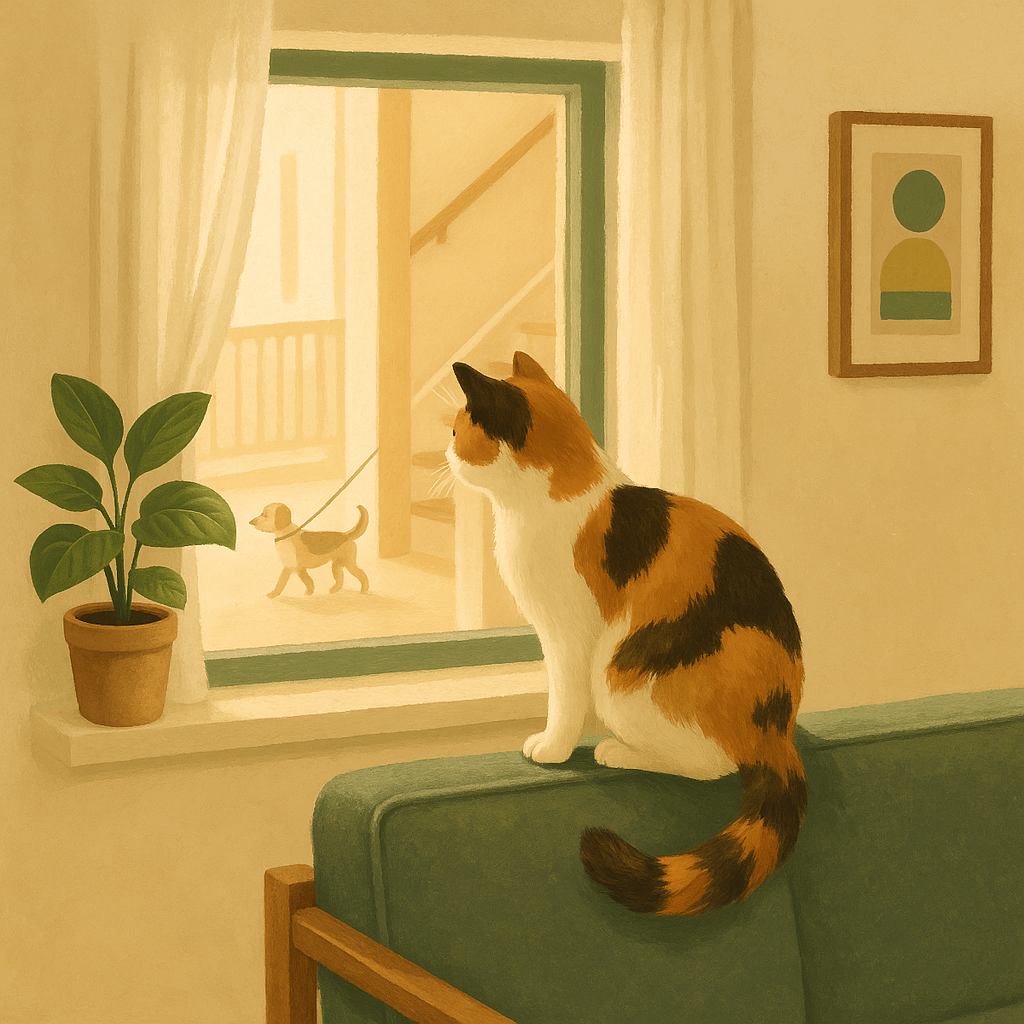 Illustration of a calico cat on the back of a sofa looking out a window at a neighbor's dog passing by outside.