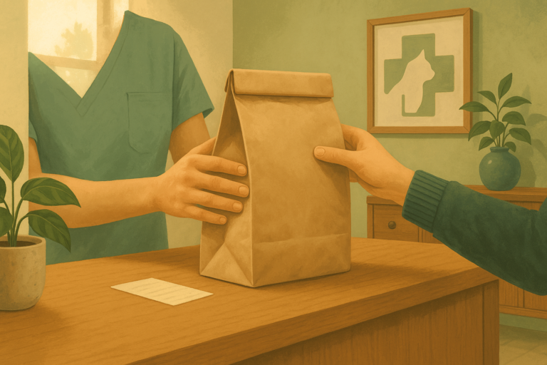 AI illustration of a vet clinic worker's hands sliding a plain unlabelled cat food bag and a printed slip across a counter toward a customer.