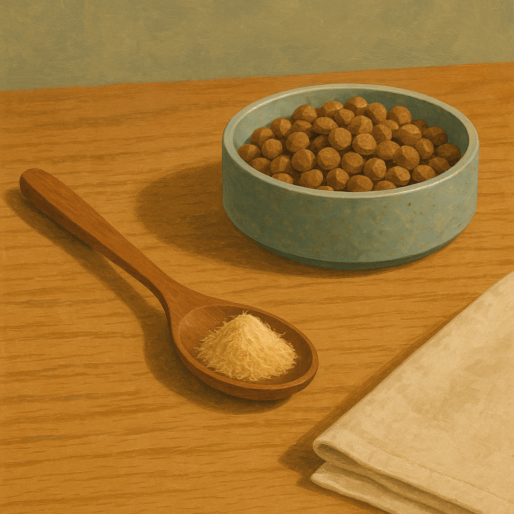 AI illustration of a wooden spoon holding fiber husk next to a small dish of dry cat kibble on a kitchen counter.
