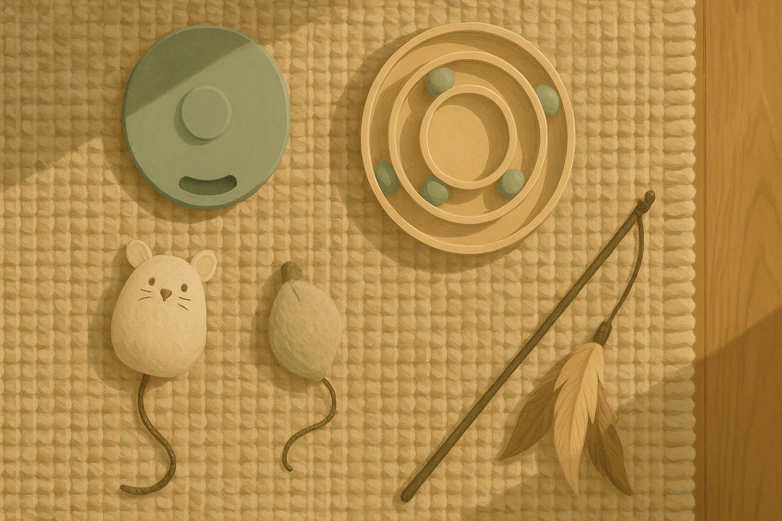 AI illustration of an overhead flat-lay of cat toys arranged on a woven rug, including a motion toy, a track toy with balls, a plush mouse and a feather wand.