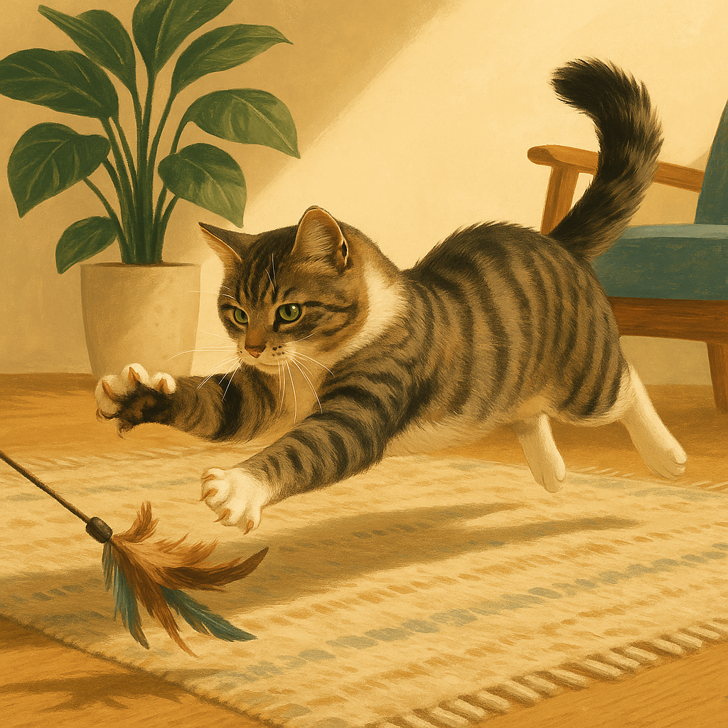 AI illustration of a brown tabby cat mid-leap chasing a feather wand toy across a sunlit living room rug, ears forward and focused.