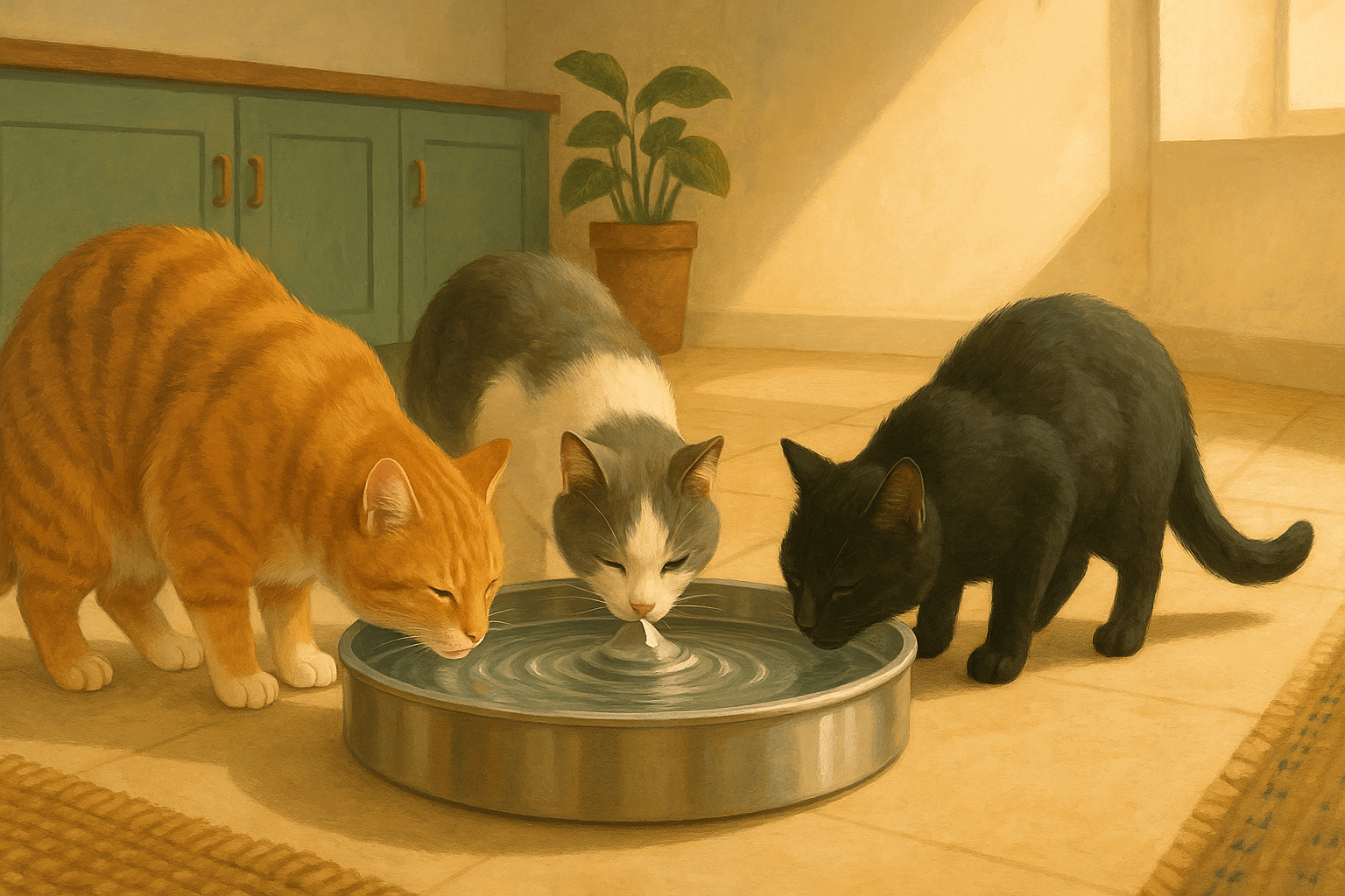 AI illustration of three different-colored cats drinking calmly from different sides of a wide low stainless-steel water fountain at the same time.