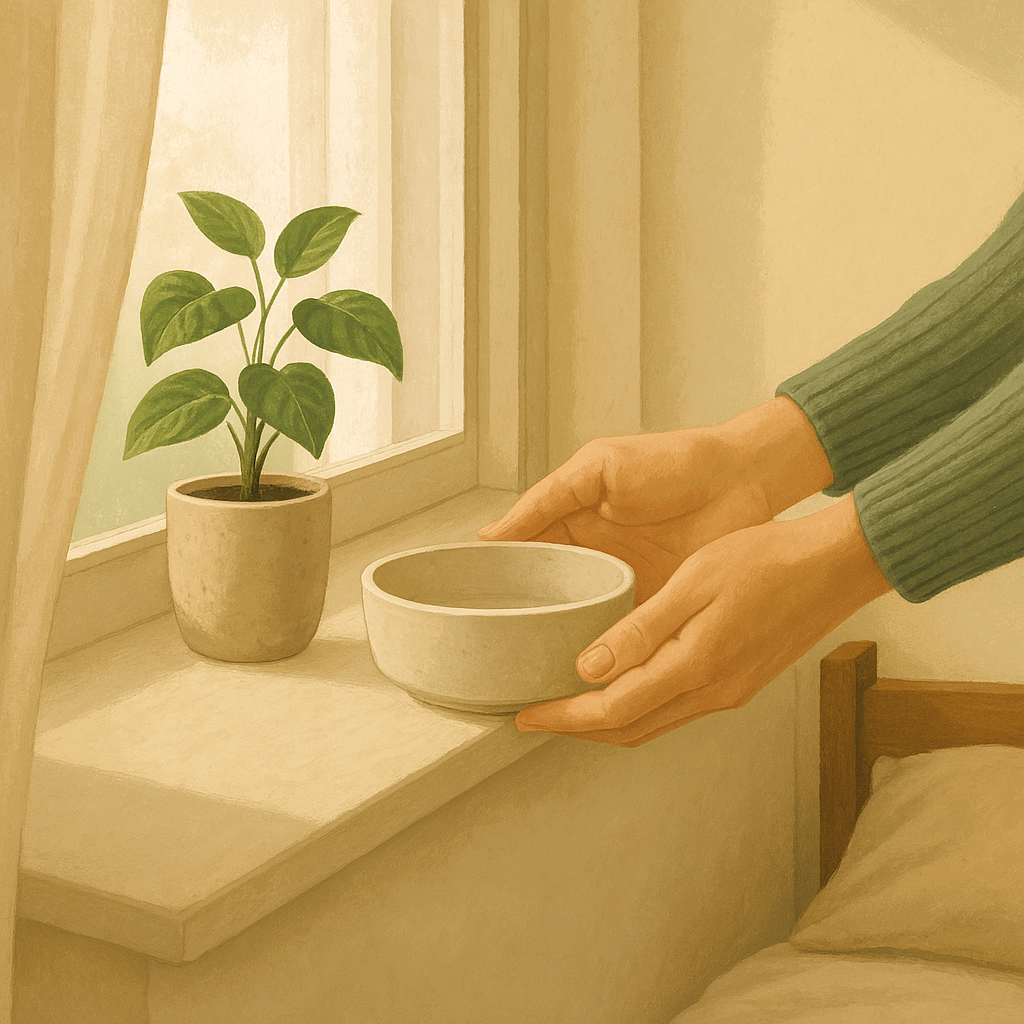 AI illustration of a pair of hands placing a small water bowl on a sunlit windowsill in a room away from the kitchen, no cat in frame.