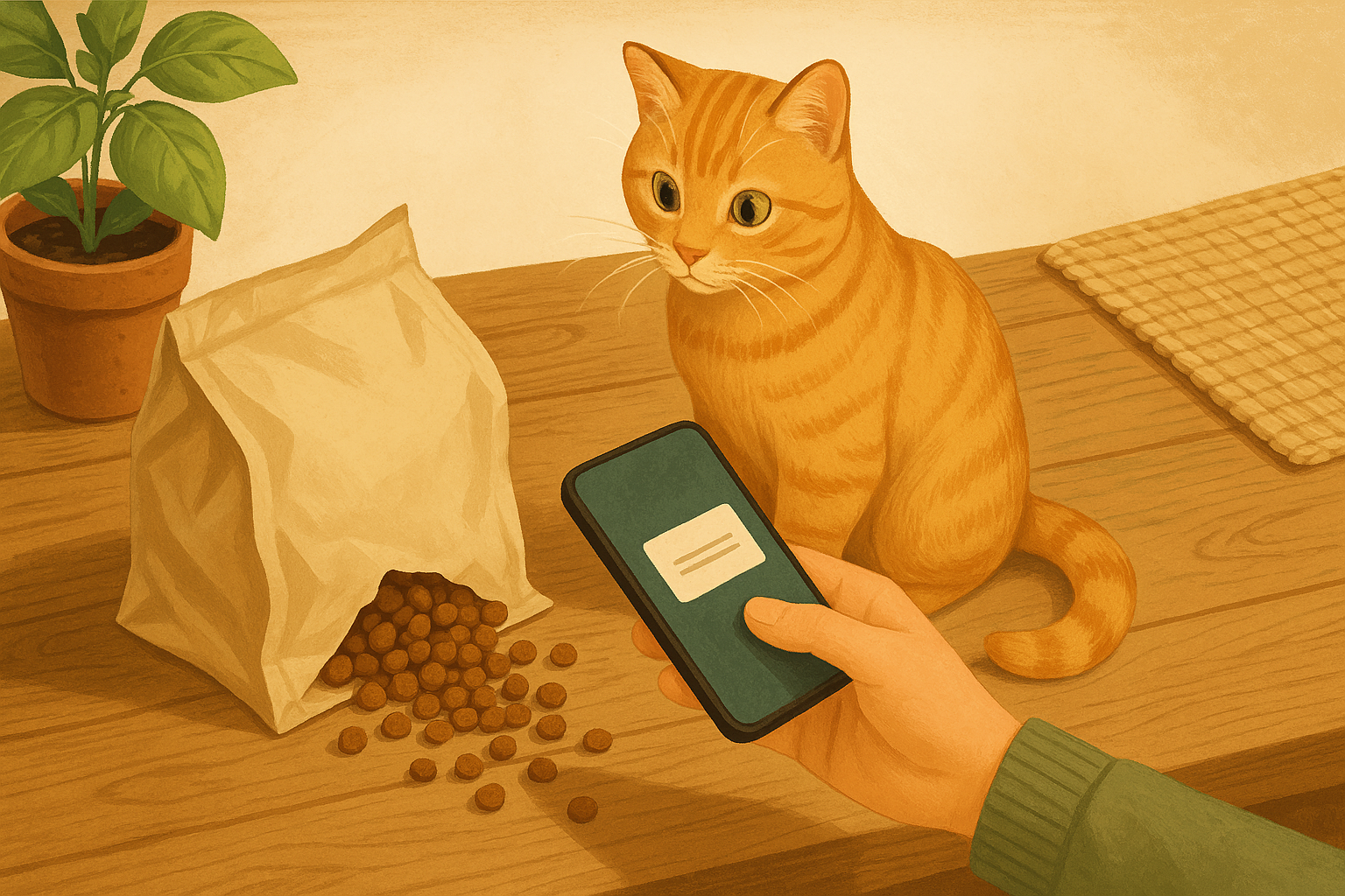 AI illustration of an overhead view of a torn-open bag of kibble on a wooden table with a hand holding a phone above it and an orange tabby cat watching closely, suggesting a scan of the bag's traceability label.