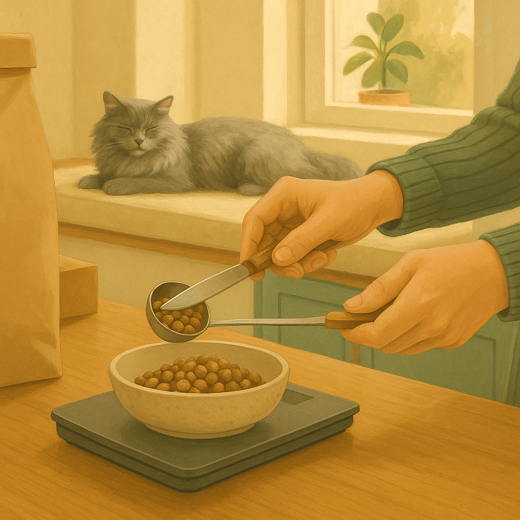 AI illustration of hands leveling a scoop of kibble on a kitchen scale to portion a precise amount, with a long-haired grey cat resting on a sunlit windowsill in the background.