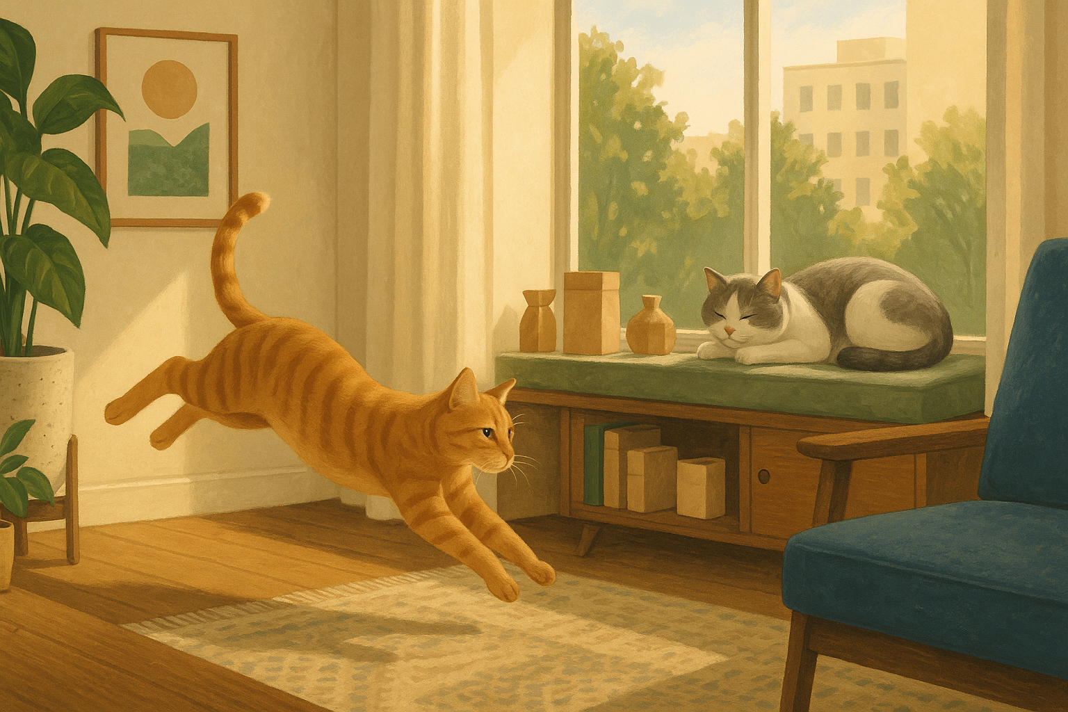AI illustration of a lean orange tabby cat leaping across a sunlit living room floor while a plump grey and white cat lies relaxed on a window seat cushion nearby.