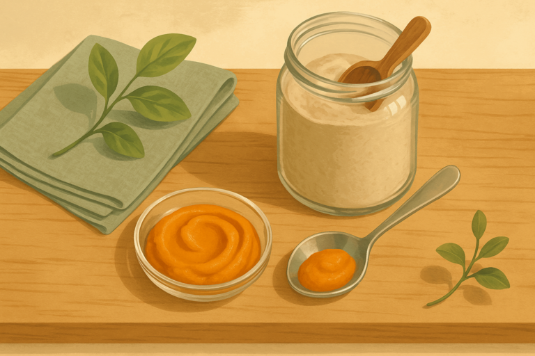 Illustration of a small dish of pumpkin puree beside a jar of psyllium husk powder with a wooden scoop on a kitchen counter, a buyer's guide still life with no cat.