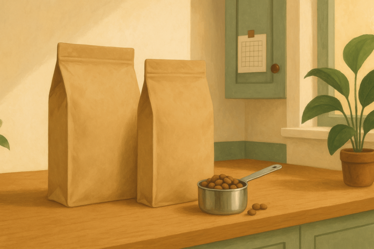 Illustration of two plain, unlabelled cat food bags on a kitchen counter next to a measuring cup, with a blank ruled chart taped inside a cabinet door in the background.