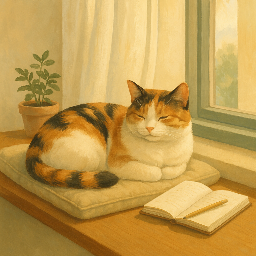 Illustration of a calico cat resting calmly on a sunlit windowsill cushion beside a small open notebook and pencil.
