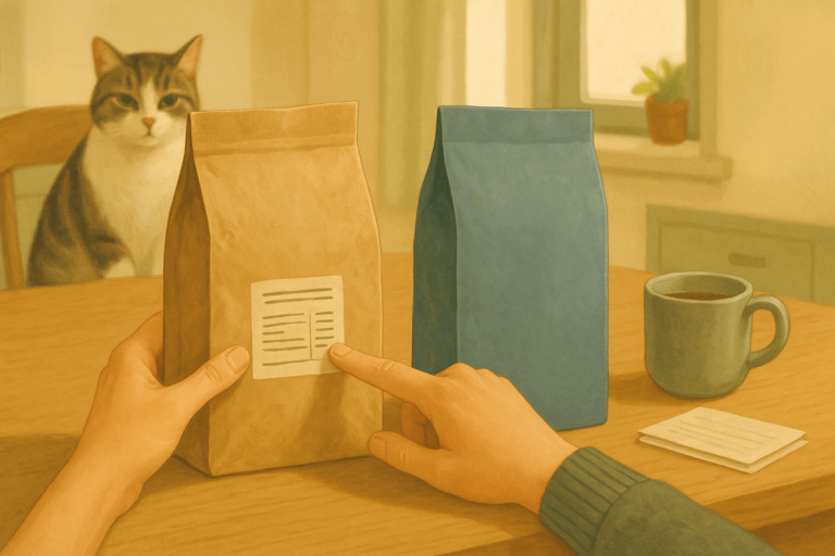 AI illustration of hands comparing the nutrition label on the back of one plain cat food bag against a second bag on a kitchen table, with a cat resting in the background.