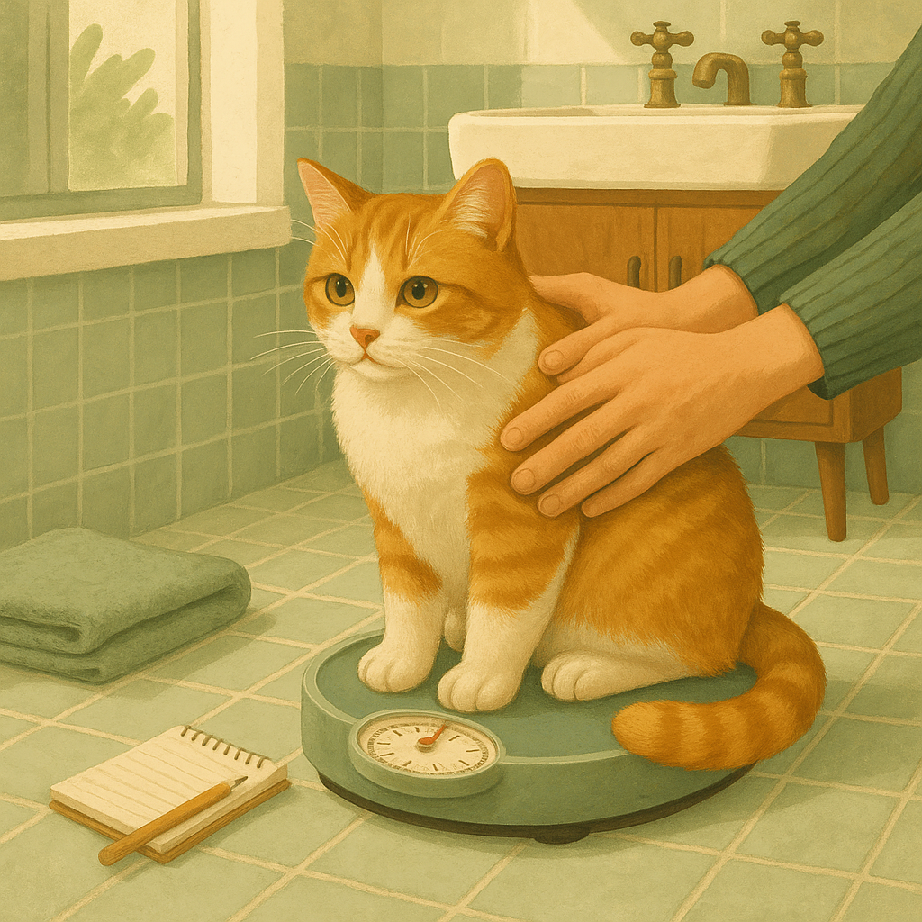 AI illustration of an orange and white cat being gently weighed on a small pet scale on a bathroom floor while a notebook waits nearby to record the result.