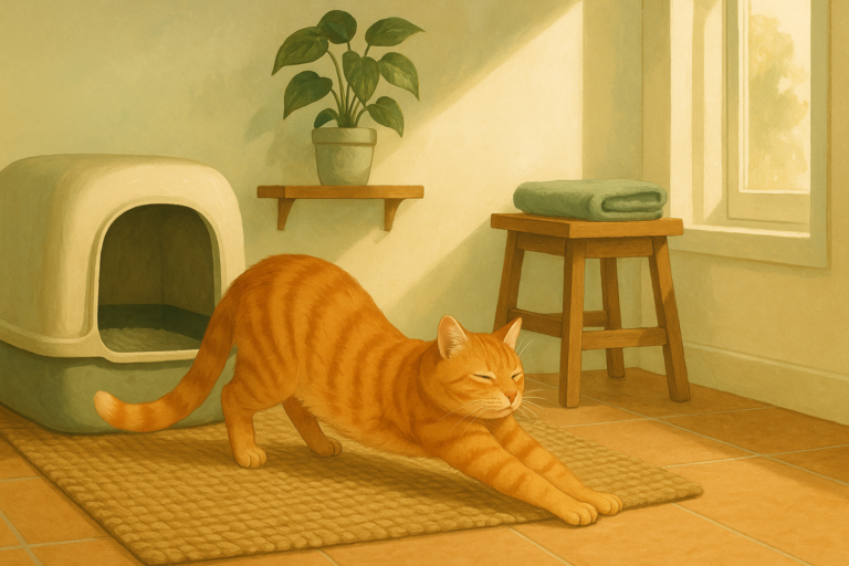 Illustration of a ginger tabby cat calmly stretching beside a litter box in a sunlit laundry nook, relaxed and unhurried.