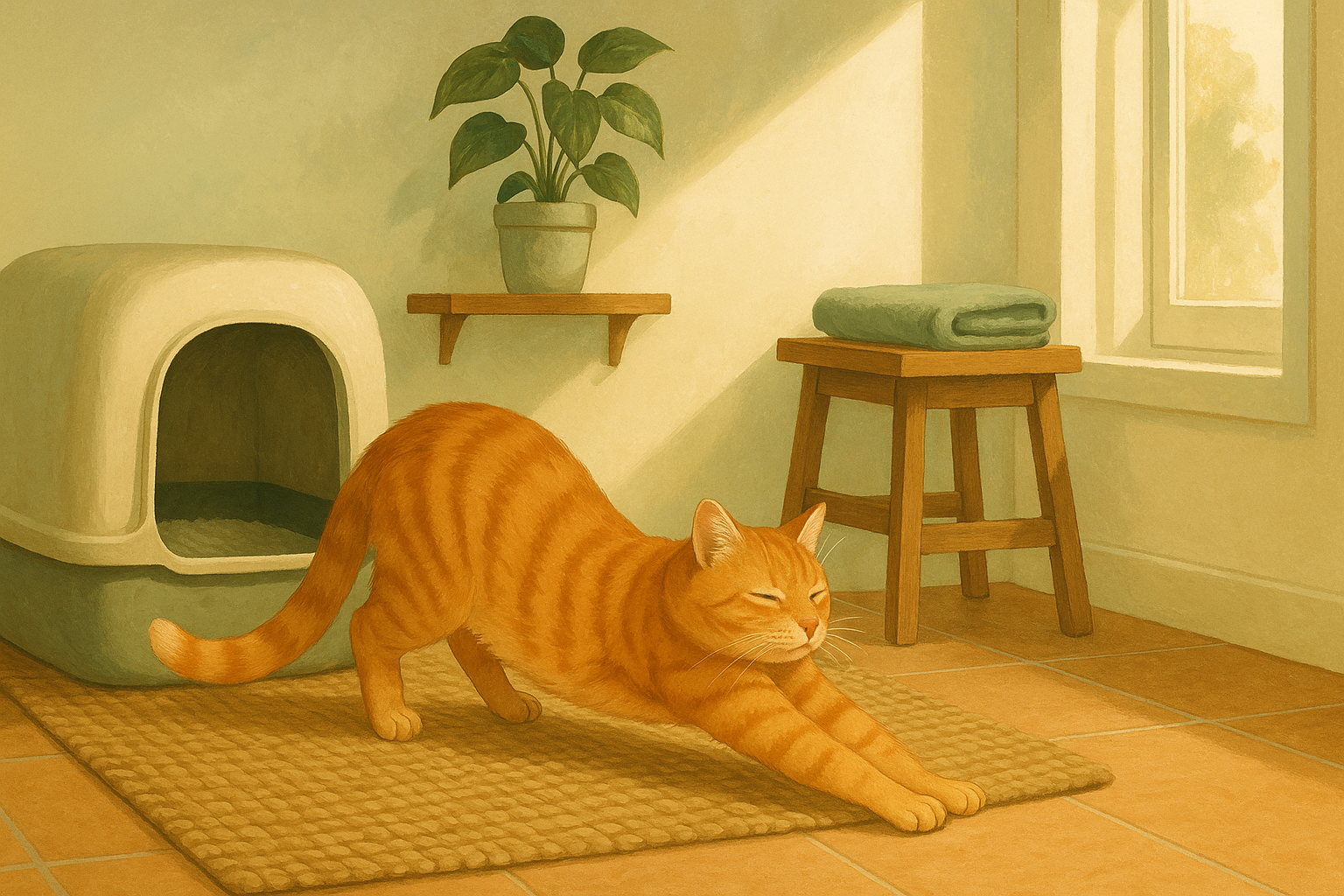 Illustration of a ginger tabby cat calmly stretching beside a litter box in a sunlit laundry nook, relaxed and unhurried.