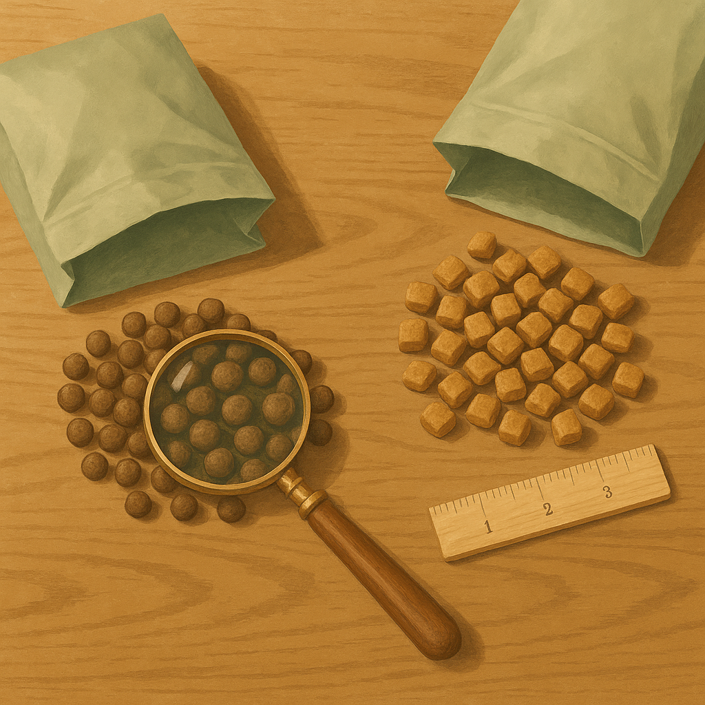 Illustration of two small piles of kibble poured from different bags on a wooden table, with a magnifying glass held over one pile comparing texture.