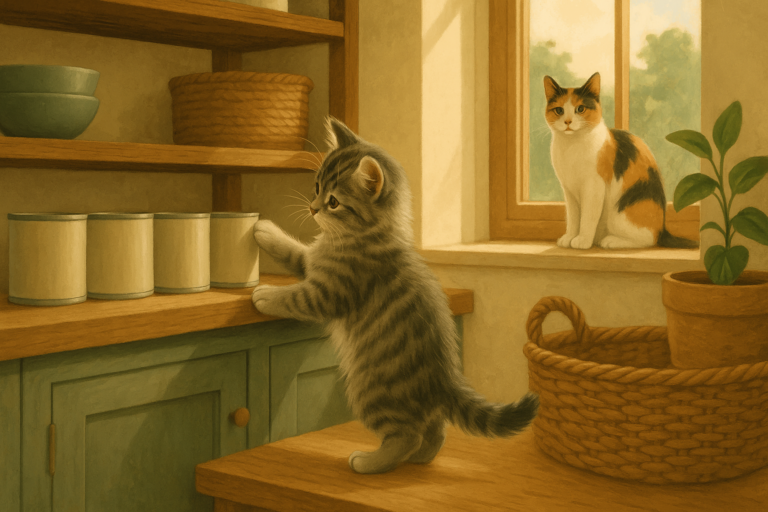AI illustration of a grey kitten reaching up toward a pantry shelf of plain unlabelled cat food cans while an adult calico cat watches from a sunlit windowsill nearby.