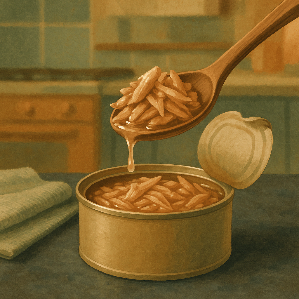 AI illustration of a wooden spoon lifting shredded meat and broth from an open plain cat food can on a dark countertop, a close texture study with no cat in frame.