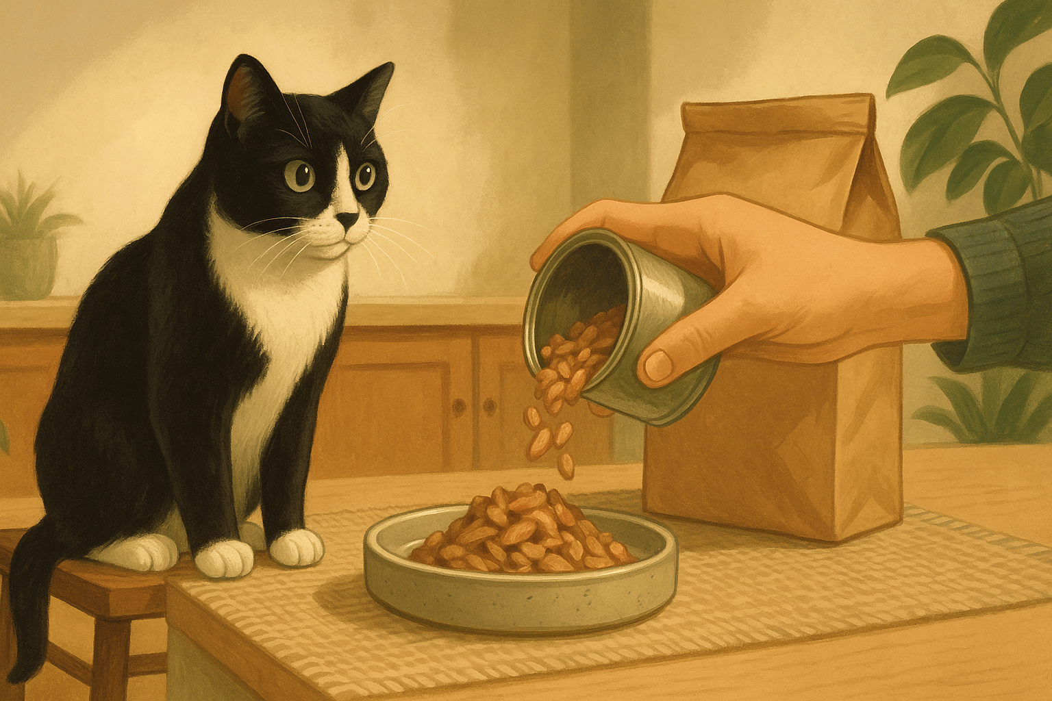 AI illustration of a tuxedo cat watching from a kitchen stool as wet cat food is poured into a dish, with a closed bag of dry kibble standing behind on the counter.