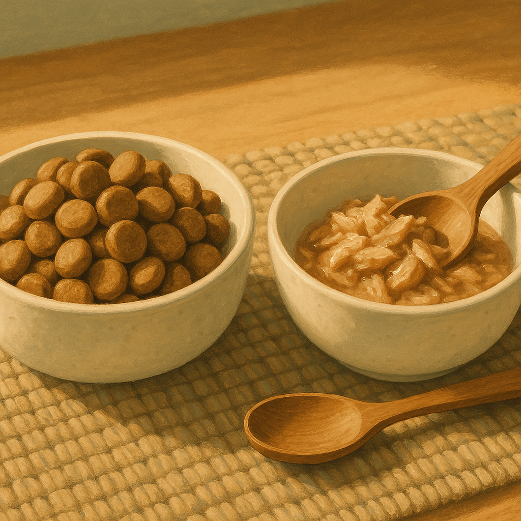 AI illustration of a close side view comparing a dish of dry kibble beside a dish of glistening flaked wet cat food on a woven placemat, with a small wooden spoon resting on the wet food dish.