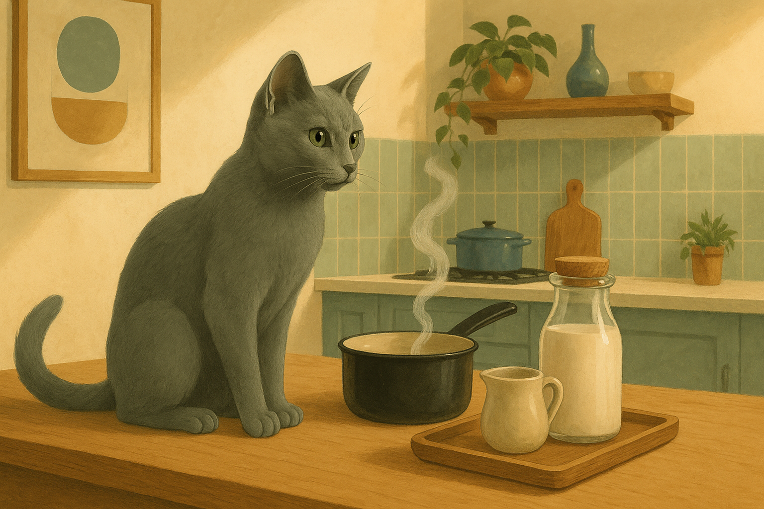 AI illustration of a silver-grey cat on a kitchen counter between a steaming saucepan on the stove and a small glass bottle of milk on a wooden tray.