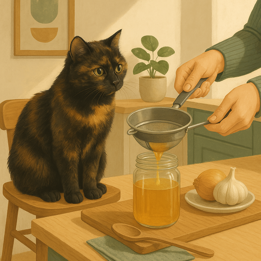 AI illustration of a tortoiseshell cat on a kitchen stool watching hands strain clear broth into a glass jar, with an onion and a garlic bulb set aside on a plate.
