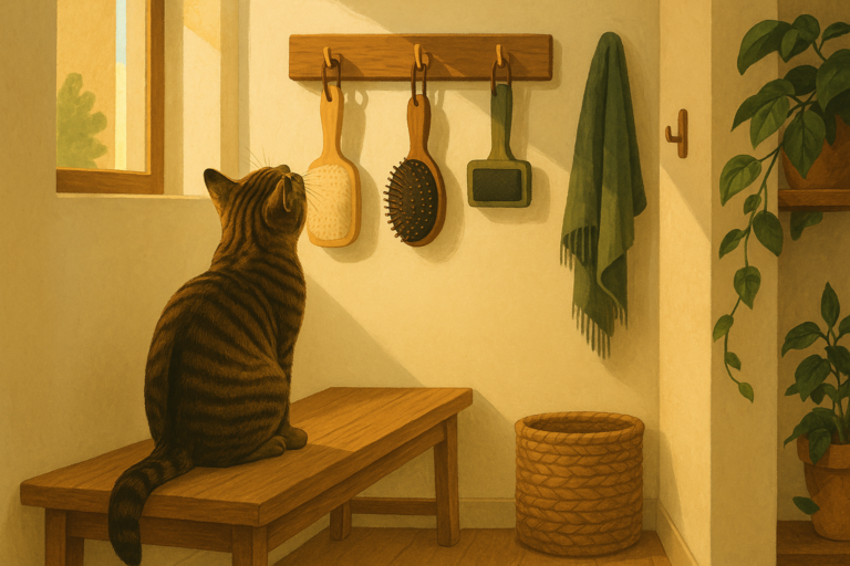 AI illustration of a brown tabby shorthair cat on an entryway bench looking up at three different grooming brushes hanging from a wall hook rail.