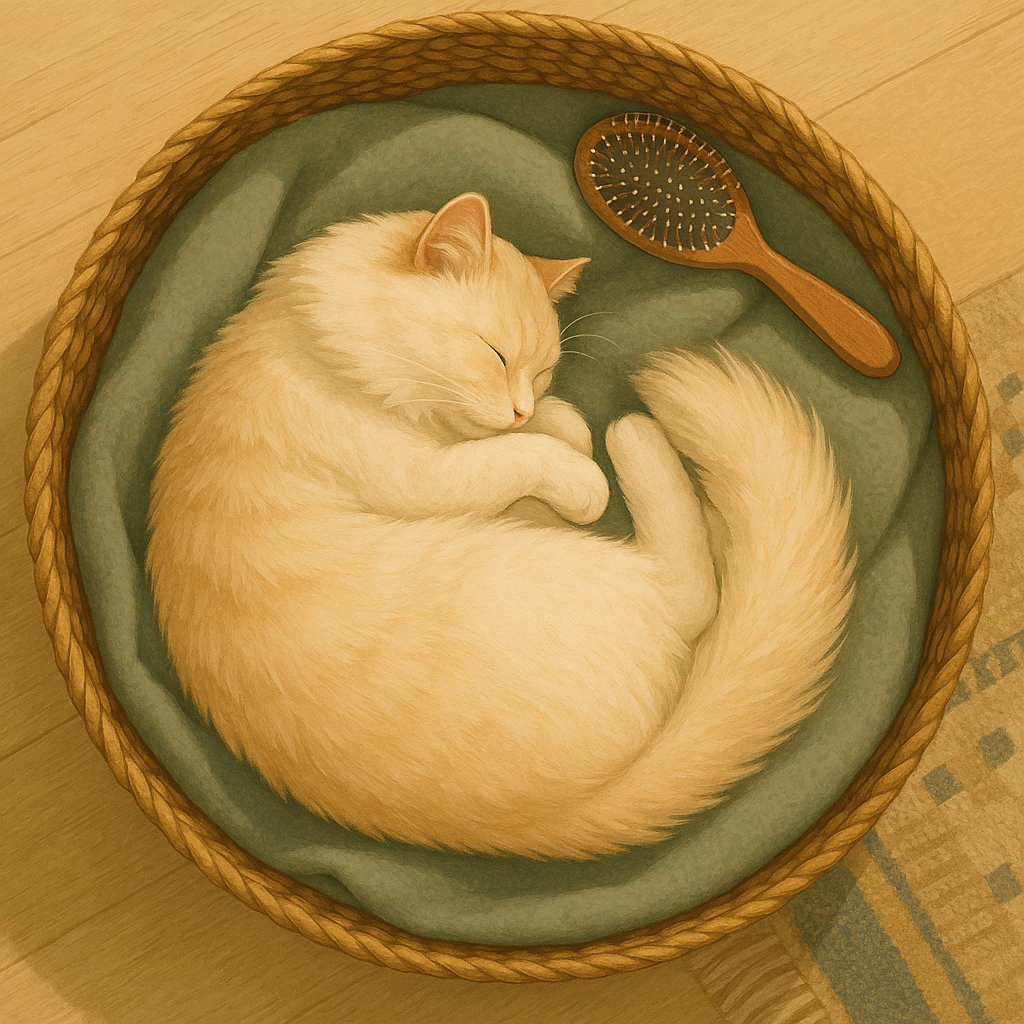 AI illustration of a longhaired cream cat sleeping curled in a woven basket seen from above, with a pin brush resting across the rim.