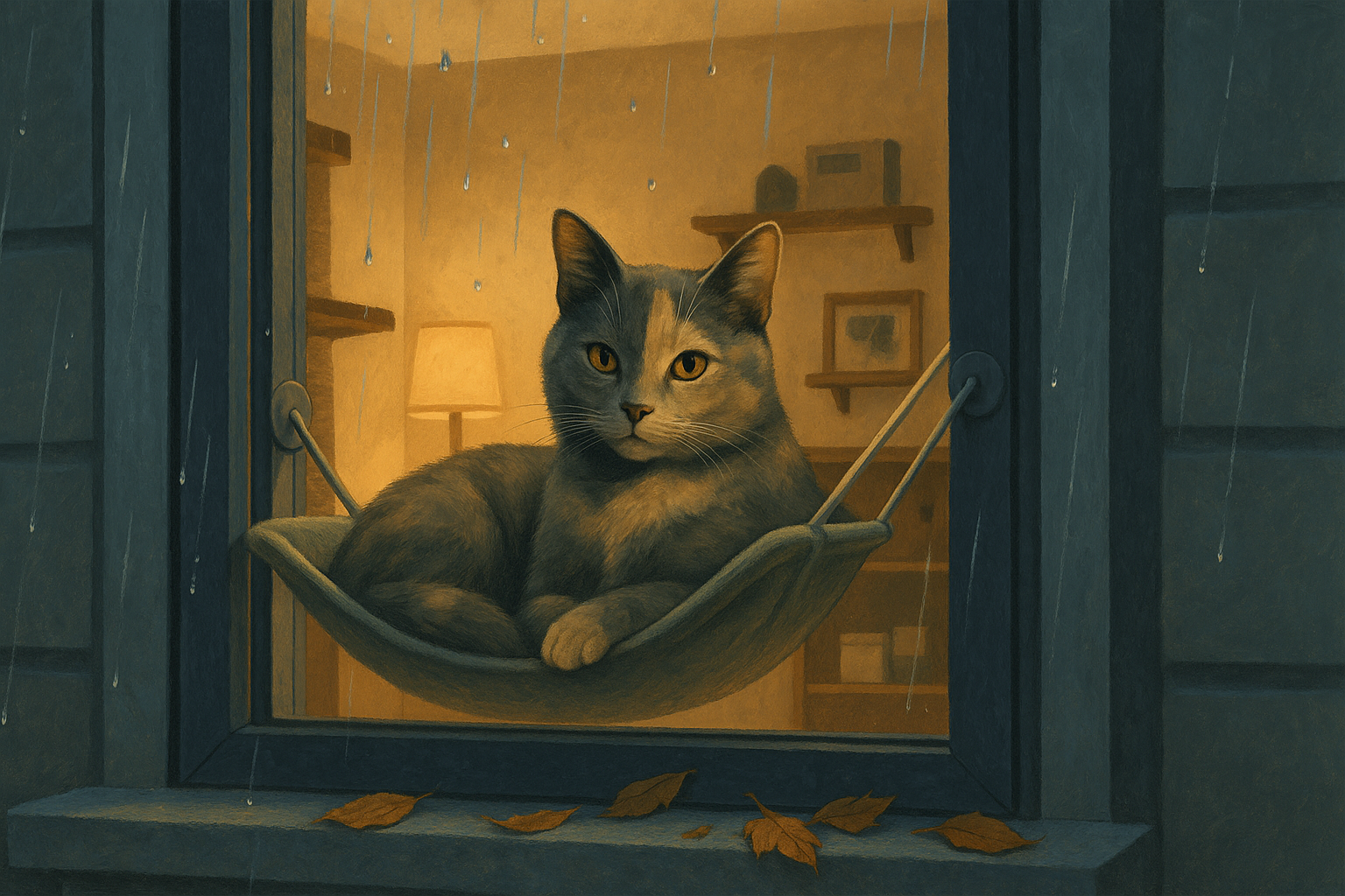 AI illustration of a tortoiseshell cat curled in a hammock perch on a rainy window at dusk, seen from outside, with a cat tree and wall shelf glowing in the room behind.