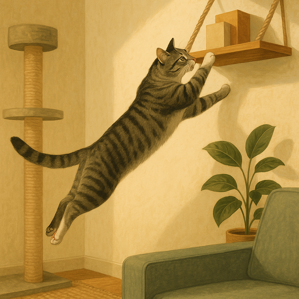 AI illustration of a grey tabby cat leaping from a sofa arm toward a wall shelf, with a cat tree blurred in the background.