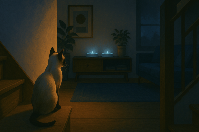 AI illustration of a Siamese-type cat sitting on a stair at dusk, watching two softly glowing pet water fountains across a quiet living room.