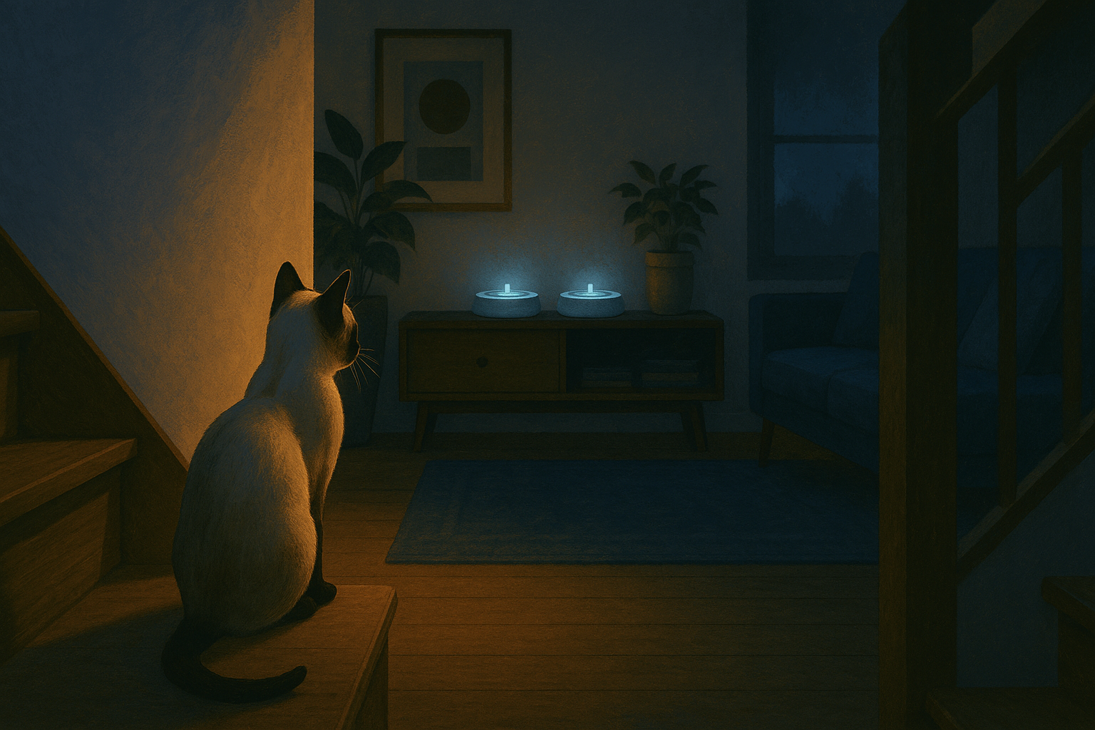 AI illustration of a Siamese-type cat sitting on a stair at dusk, watching two softly glowing pet water fountains across a quiet living room.