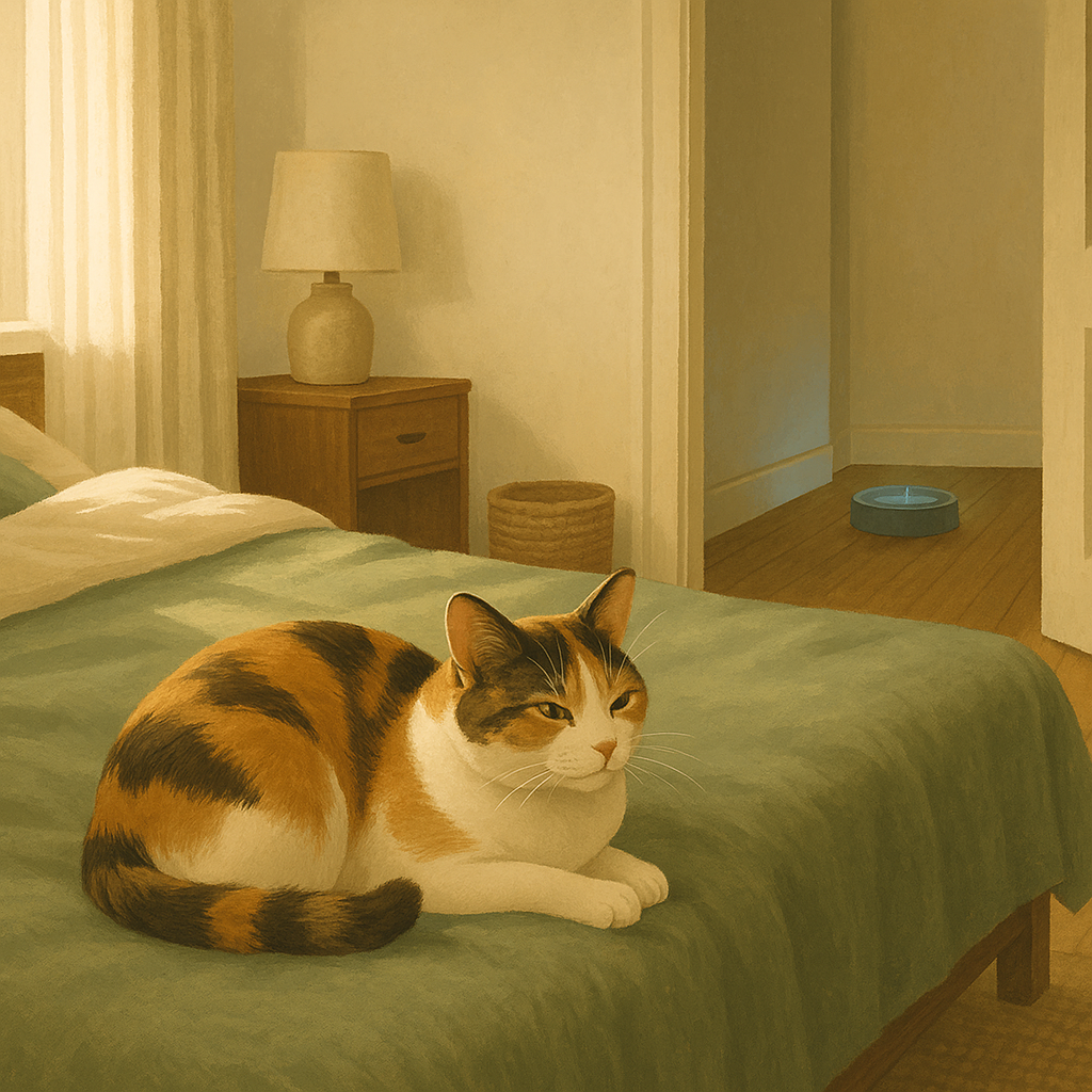 AI illustration of a calico cat resting on a bed in morning light with one ear turned toward a hallway where a small pet fountain glows softly.