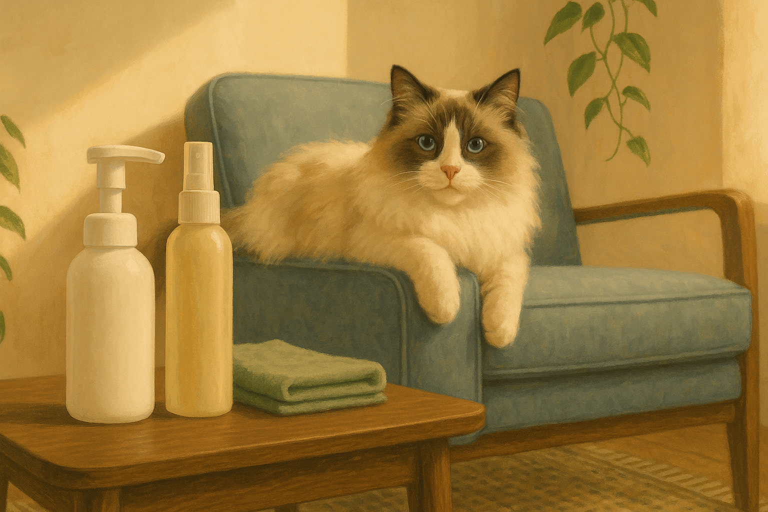 AI illustration of a fluffy cream-and-grey Ragdoll cat lounging on an armchair behind a small table holding a foam pump bottle and a spray bottle of waterless cat shampoo.