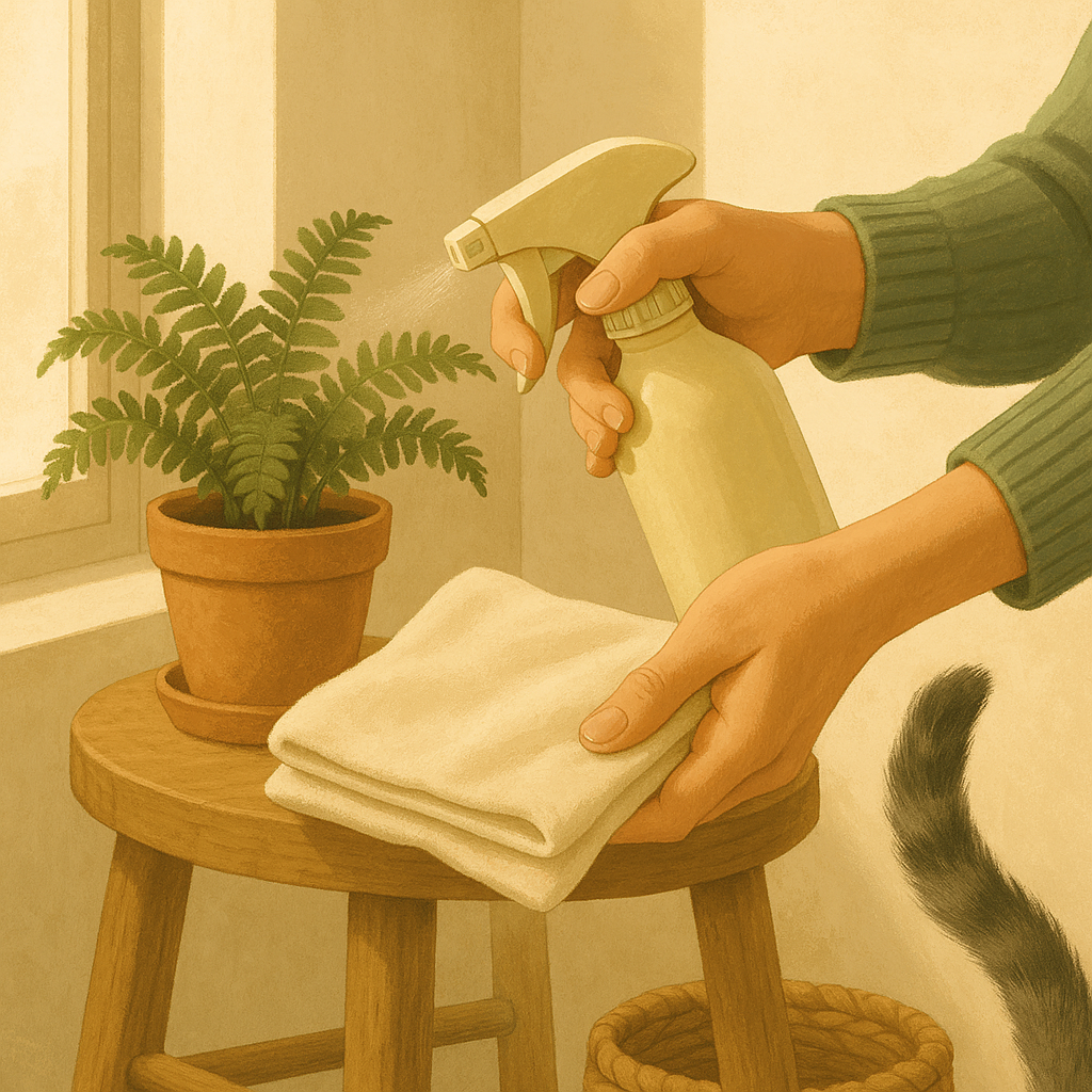 AI illustration of hands misting a soft cloth from a spray bottle, with a grey cat's tail curling into the edge of the frame.