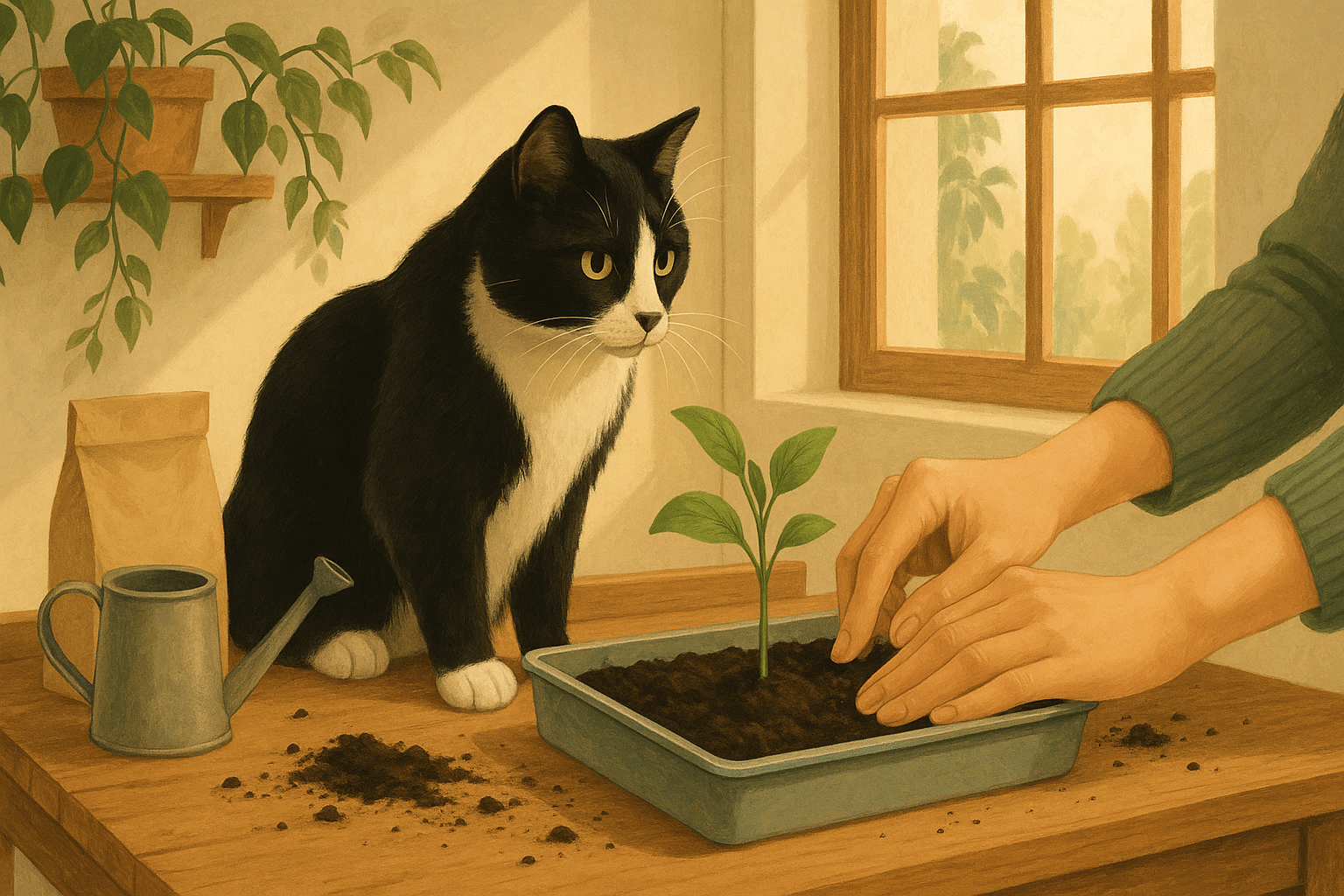 AI illustration of a tuxedo cat watching human hands plant a seedling into a tray of soil on a sunny potting bench, a picture of live cultures and the fuel that feeds them.
