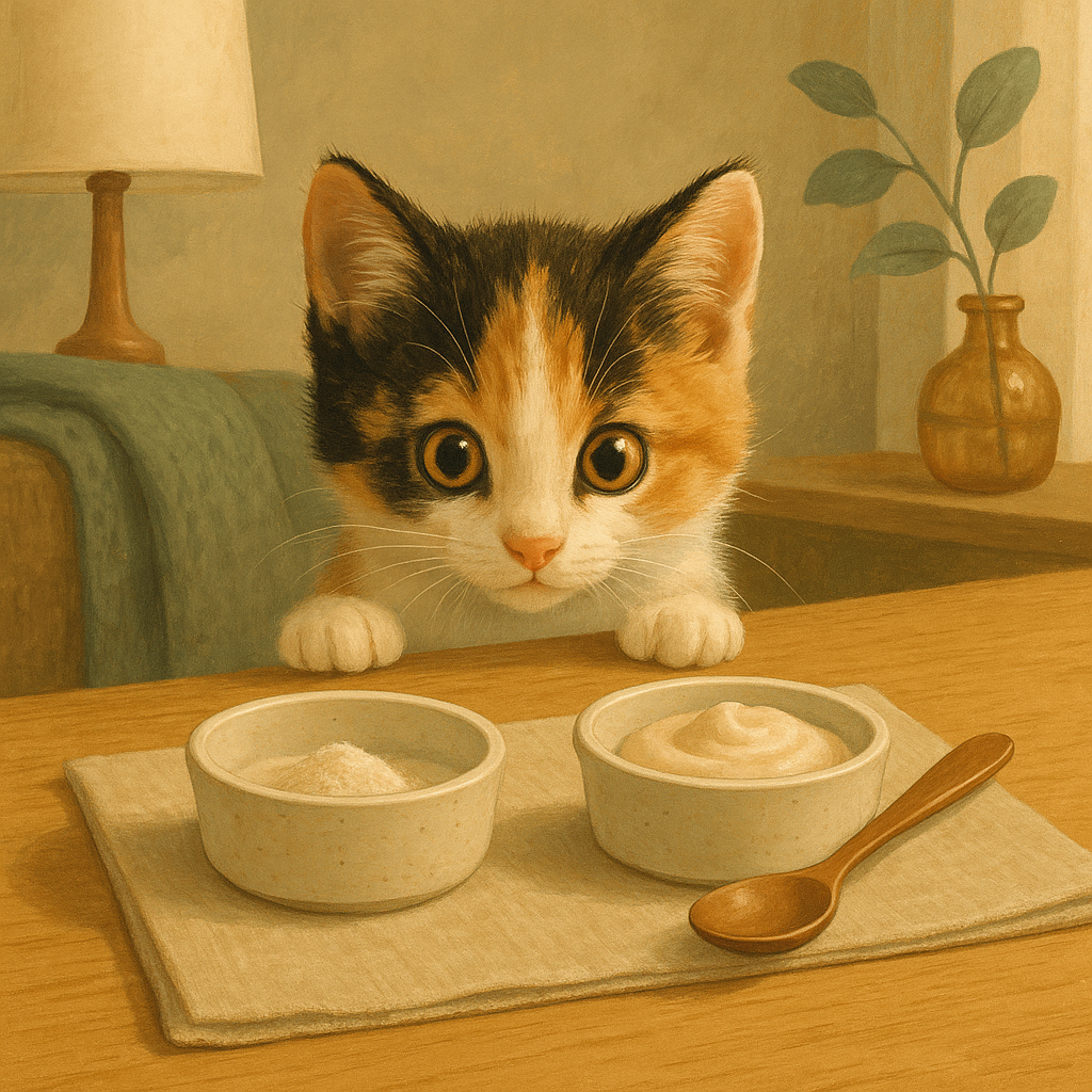 AI illustration of a calico kitten peering over a side table at two small ramekins, one with a sprinkle of fine powder and one with a spoonful of soft fibre.