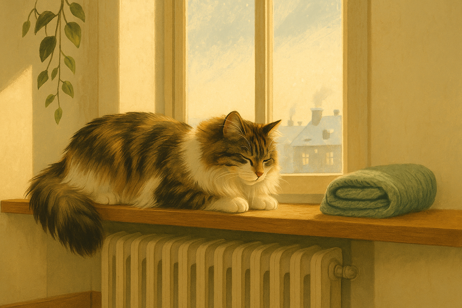 AI illustration of a brown-and-white longhaired cat resting on a shelf above a radiator beside a frosted winter window, its glossy coat lit by low sunlight.