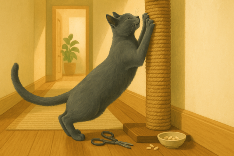 AI illustration of a grey cat stretching against a sisal scratching post with a pair of nail clippers and a few soft nail caps on the floor beside it.