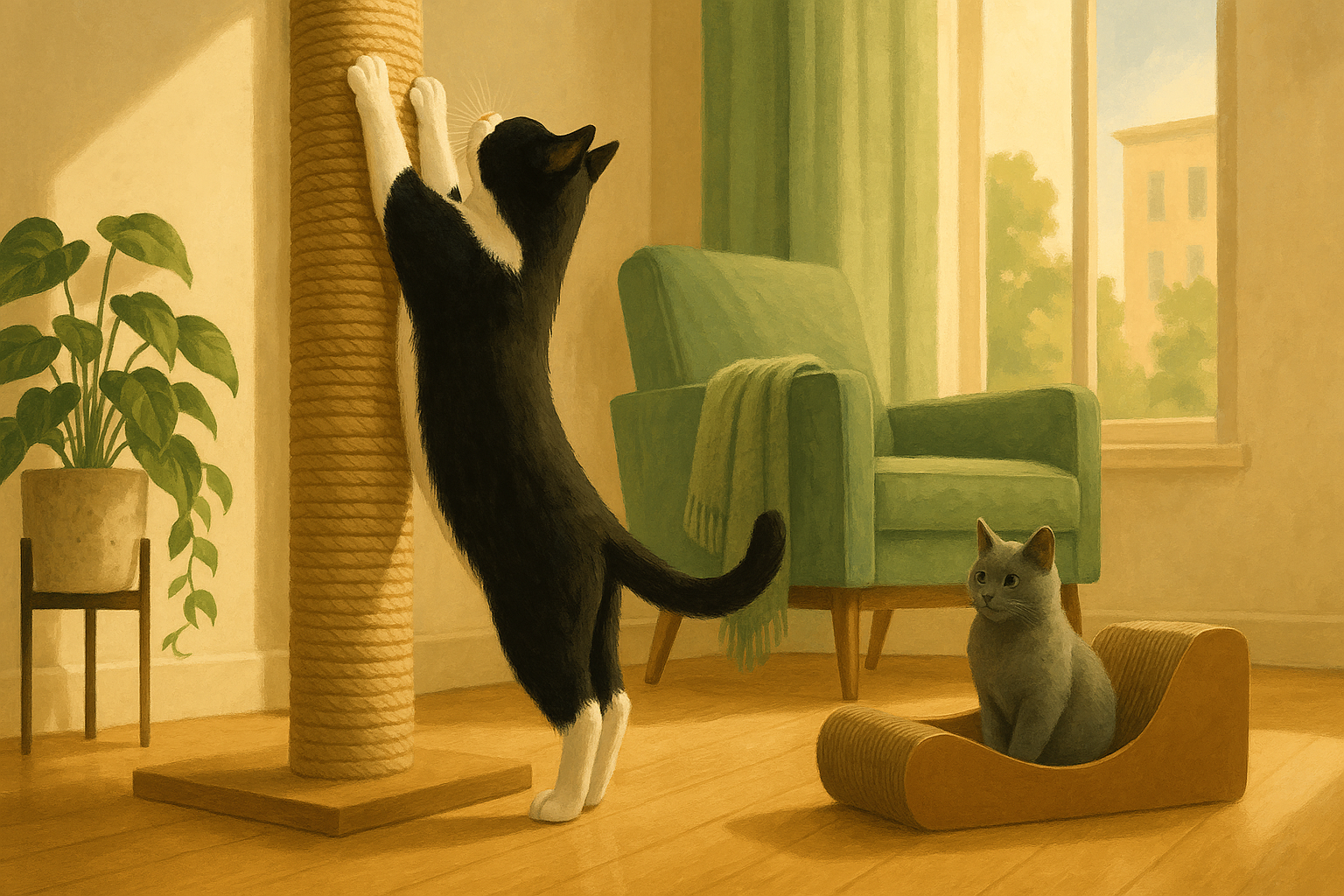 AI illustration of a tuxedo cat stretched tall against a sisal scratching post while a grey cat watches from a low cardboard scratcher.