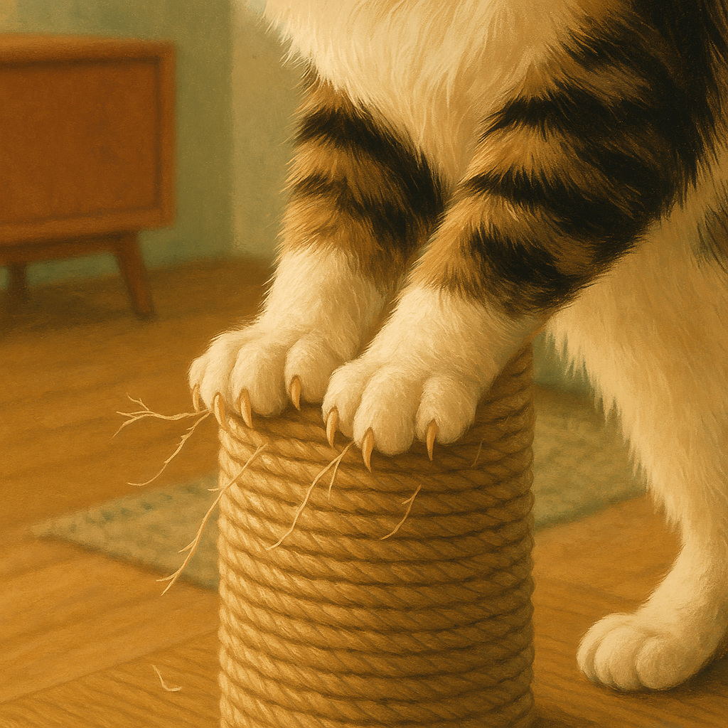 AI illustration of a calico cat's front paws gripping the top of a sisal-wrapped scratching post, with loosened rope fibres around the claws.